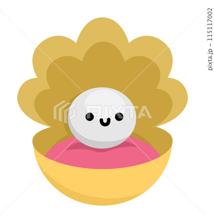 Vector smiling pearl in shell isolated on white background. Beautiful kawaii sea jewelry icon. Precious stone illustration. Mermaid accessory picture 115117002