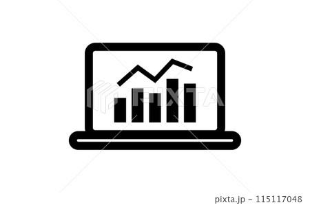 ノートパソコン画面に表示されている折れ線グラフと棒グラフの黒の線画アイコン ノートパソコン画面に表示されている折れ線グラフと棒グラフの黒の線画アイコン 115117048