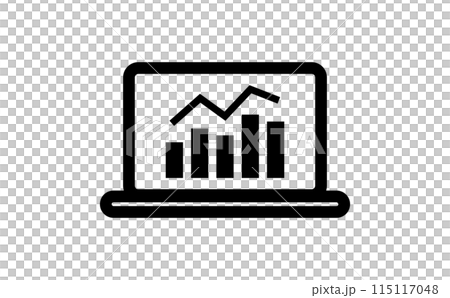 ノートパソコン画面に表示されている折れ線グラフと棒グラフの黒の線画アイコン ノートパソコン画面に表示されている折れ線グラフと棒グラフの黒の線画アイコン 115117048