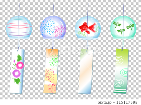 いろんな絵柄の夏向け風鈴イラスト素材　ベクター 115117398