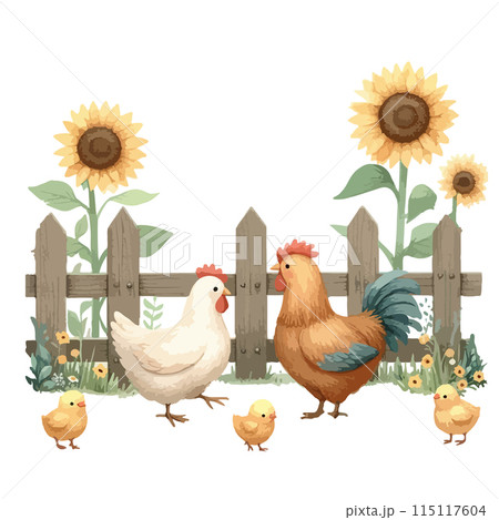 Chicken watercolor illustration. Happy family. Illustration for greeting cards, printing and other design projects. Chicken watercolor illustration. Happy family. Illustration for greeting cards, printing and other design projects. 115117604