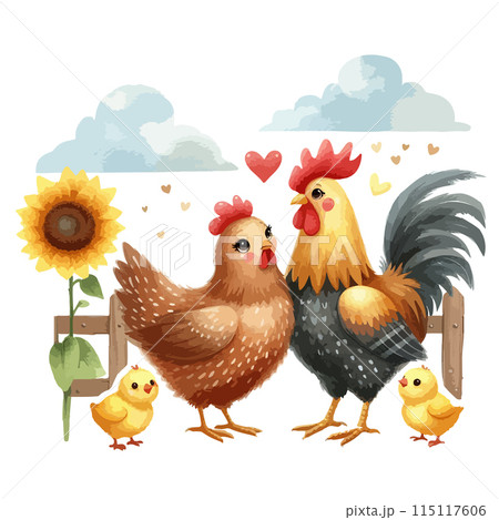 Chicken watercolor illustration. Happy family. Illustration for greeting cards, printing and other design projects. Chicken watercolor illustration. Happy family. Illustration for greeting cards, printing and other design projects. 115117606