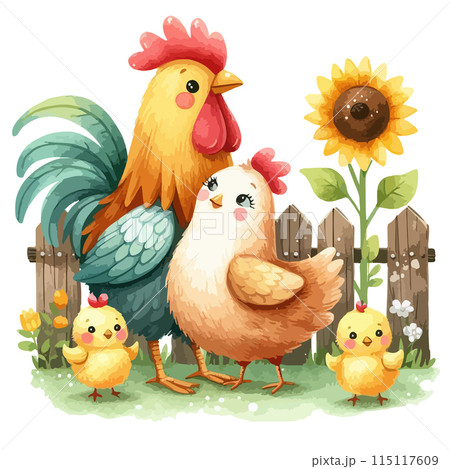 Chicken watercolor illustration. Happy family. Illustration for greeting cards, printing and other design projects. Chicken watercolor illustration. Happy family. Illustration for greeting cards, printing and other design projects. 115117609