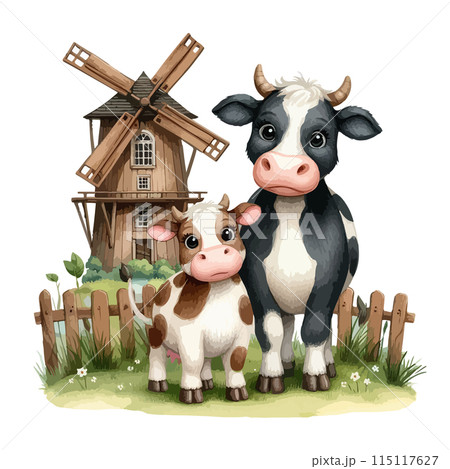 Watercolor illustration of a cow on a lawn. Watercolor illustration of a cow on a lawn. 115117627