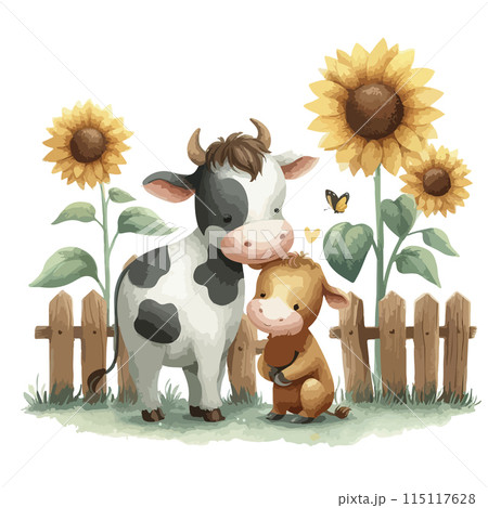 Watercolor illustration of a cow on a lawn. Watercolor illustration of a cow on a lawn. 115117628