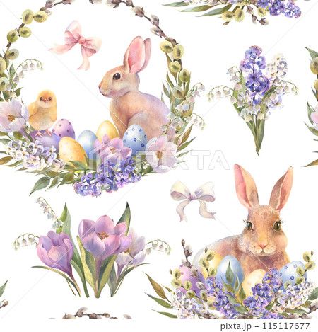 Watercolor Easter seamless pattern. Hand painted holiday wallpaper design with rabbits, leaves and spring flowers on white background. Vintage style spring texture 115117677