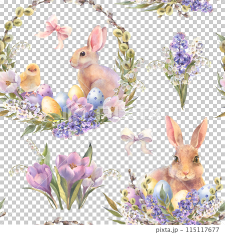 Watercolor Easter seamless pattern. Hand painted holiday wallpaper design with rabbits, leaves and spring flowers on white background. Vintage style spring texture 115117677