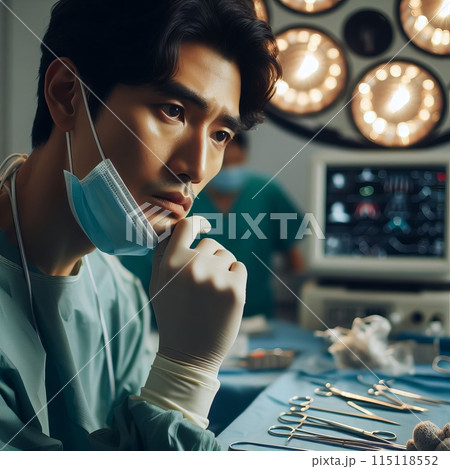 Surgeon in mask and gloves at table in OR, cool and focused, ready to operate 115118552