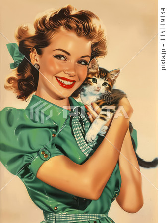 Beaming woman in green dress holding a kitten, retro style high quality illustration 115119134