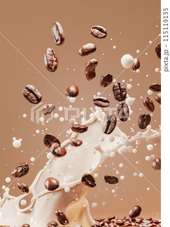High quality photo capturing the dynamic splash of milk and coffee beans in mid-air, perfect for representing the energy of coffee and the smoothness of milk in a visually appealing composition 115119135
