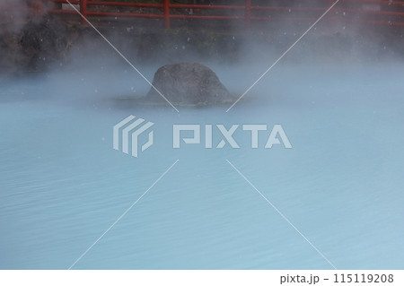 The landscape of Umi Jigoku (Sea Hell) blue water. One of the beppu hell tour located in snow fall at Beppu, Oita, Japan. The landscape of Umi Jigoku (Sea Hell) blue water. One of the beppu hell tour located in snow fall at Beppu, Oita, Japan. 115119208