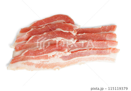 Piece of raw pork streaky brisket bacon meat close up, macro isolated on white background 115119379