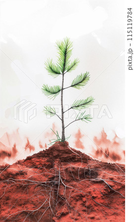 Vertical poster with a drawing of a young cedar tree on a white background breaking through the soft red earth, the power of nature and an idea for earth day 115119784
