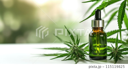 CBD Oil Dropper Bottle with Hemp Leaves on Light Nature Background 115119825