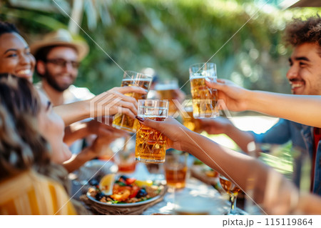 Portrait of a group of friends having lunch together in the backyard of a house, handsome young people joyfully raising glasses of beer, concept of youth party and friends meeting on vacation Portrait of a group of friends having lunch together in the backyard of a house, handsome young people joyfully raising glasses of beer, concept of youth party and friends meeting on vacation 115119864
