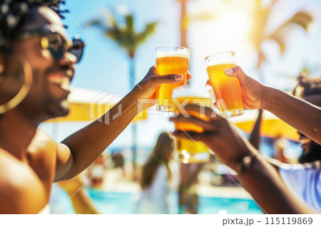 Blurred photo banner, hotel pool party, meeting happy friends raising glasses of beer, summer vacation concept, background or advertising idea Blurred photo banner, hotel pool party, meeting happy friends raising glasses of beer, summer vacation concept, background or advertising idea 115119869