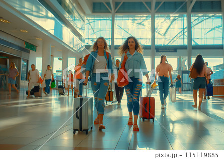 Friends walking with suitcases through the terminal of a futuristic airport, going on a long-awaited vacation to the sea, an invitation to travel 115119885