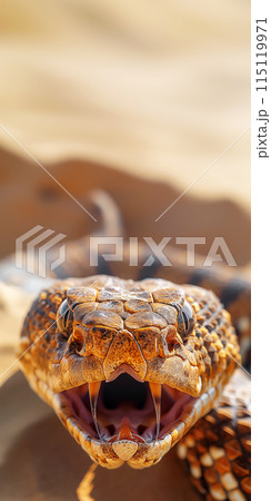 Vertical poster of a rattlesnake with an open mouth and exposed fangs with dripping venom, lunging at the camera Vertical poster of a rattlesnake with an open mouth and exposed fangs with dripping venom, lunging at the camera 115119971