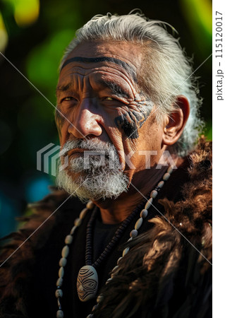 vertical portrait of an old Maori man, looking at the camera vertical portrait of an old Maori man, looking at the camera 115120017