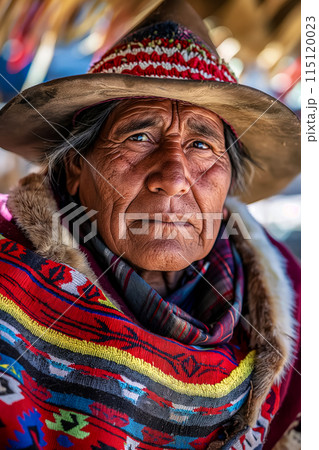 Adult man looking at the camera, portrait of an old man at a fair in an Andean town, colorful traditional clothing, vacation and travel to popular places, learning heritage and traditions 115120023