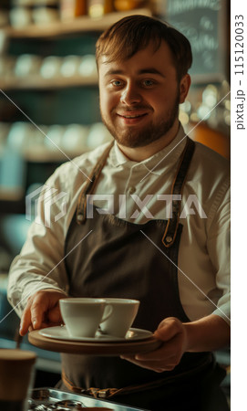 Waiter working in an inclusive cafe and cups of coffee on a tray to the client, vertical portrait of a cafeteria worker Waiter working in an inclusive cafe and cups of coffee on a tray to the client, vertical portrait of a cafeteria worker 115120033