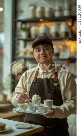Vertical portrait of a waiter working in an inclusive cafe, selective focus on disabled waiter carrying cups of coffee on a tray Vertical portrait of a waiter working in an inclusive cafe, selective focus on disabled waiter carrying cups of coffee on a tray 115120034