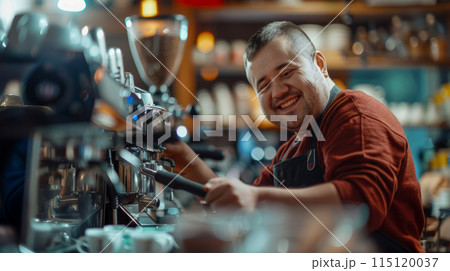 An idea for a poster or banner about sunny people working in an inclusive local cafe, a portrait of a barista at work 115120037