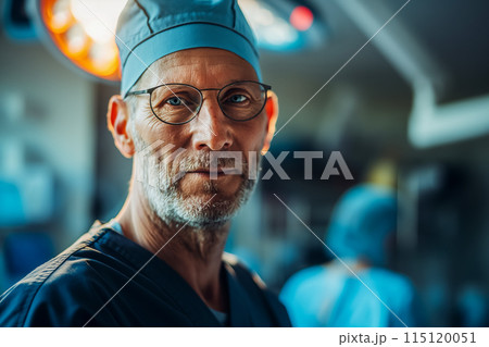 Portrait of a doctor in glasses looks tiredly at the camera after an operation, portrait of a specialist against the backdrop of a surgical operation Portrait of a doctor in glasses looks tiredly at the camera after an operation, portrait of a specialist against the backdrop of a surgical operation 115120051