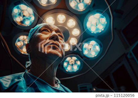 Low angle portrait of an adult tired male surgeon after surgery, horizontal portrait with operating lamp in the background 115120056