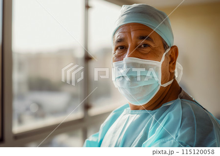 Portrait of a tired adult vascular surgeon after surgery, horizontal portrait with copy space Portrait of a tired adult vascular surgeon after surgery, horizontal portrait with copy space 115120058