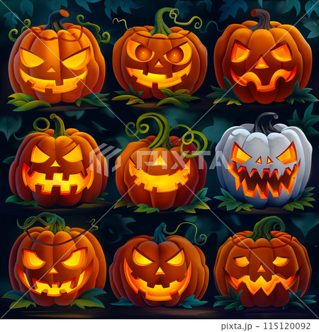 a set of illustration icons or multi-colored patches with deep orange designs dedicated to the iconic symbol of Halloween - pumpkin, concept for the design of postcards 115120092