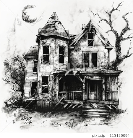 Pencil drawing of an old ruined haunted house, website design idea or story for a Halloween party Pencil drawing of an old ruined haunted house, website design idea or story for a Halloween party 115120094