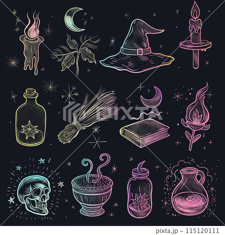 A variety of neon color icons on a dark background, the mystical and magical side of Halloween, designs that can be used as stickers A variety of neon color icons on a dark background, the mystical and magical side of Halloween, designs that can be used as stickers 115120111
