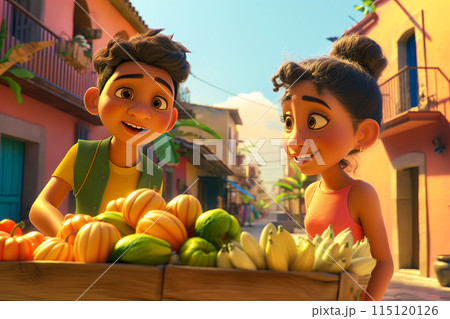 Portrait of a boy and a girl carrying pumpkins and corn home along a town street, 3D drawing Portrait of a boy and a girl carrying pumpkins and corn home along a town street, 3D drawing 115120126
