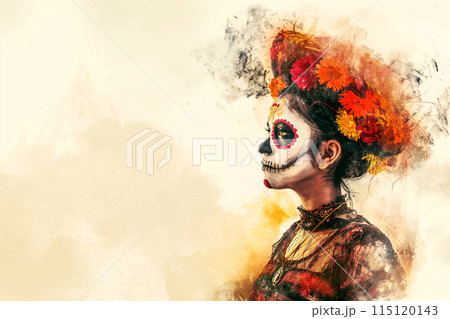 Drawing of a young Mexican woman appears in a Day of the Dead and All Saints' Day outfit, dressed in a mesmerizing ensemble, copy space for text Drawing of a young Mexican woman appears in a Day of the Dead and All Saints' Day outfit, dressed in a mesmerizing ensemble, copy space for text 115120143