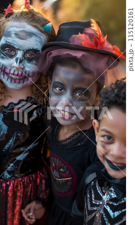 Portrait of friends in Halloween costumes going trick-or-treating, vertical poster on. enchanting costumed adventures and traditional autumn holidays Portrait of friends in Halloween costumes going trick-or-treating, vertical poster on. enchanting costumed adventures and traditional autumn holidays 115120161