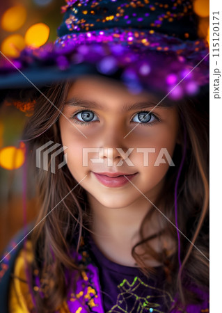 Portrait of a little happy girl in a witch costume for Halloween, traditional autumn holidays Portrait of a little happy girl in a witch costume for Halloween, traditional autumn holidays 115120171