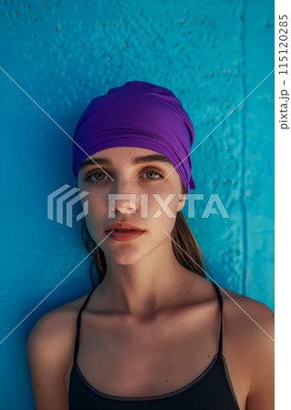 Portrait of a young woman athlete in a swimming cap decorated with violets, against the background of a calm blue swimming pool wall, concept for advertising beauty and spa rejuvenation treatments 115120285