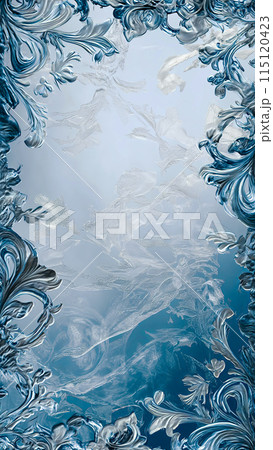 Gorgeous Art Nouveau frosty designs on the edges of the frame on clear baby blue glass, with empty space in the center, idea for a New Year's vertical card Gorgeous Art Nouveau frosty designs on the edges of the frame on clear baby blue glass, with empty space in the center, idea for a New Year's vertical card 115120423