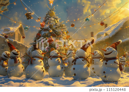 Postcard with snowmen having fun under the Christmas tree on the town square, an idea for a funny retro postcard for the New Year holidays and Christmas 115120448