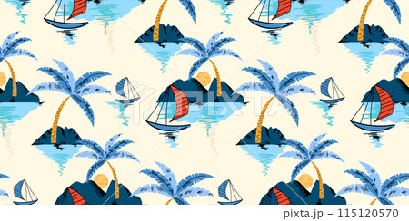 Summer tropical island seamless pattern. Vacation background design with landscape, palm trees, mountain, and ocean 115120570