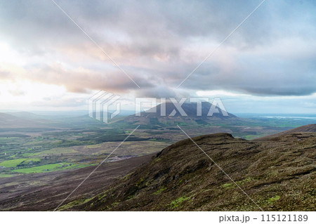 Ireland Nephin Beg Mountain and Beltra lough at low clouds 115121189