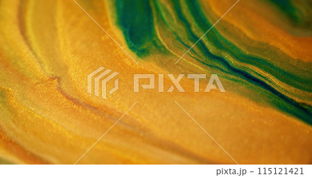 Shiny paint. Sparkling sand texture. Defocused golden yellow green color metallic grain particles acrylic pigment ink fluid mix layers abstract art background. 115121421
