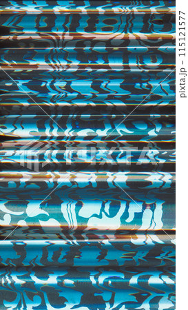 Glitch art. Distortion texture. Blue orange color digital noise broken plasma vibration stripe holographic ornate pattern modern abstract background. 115121577