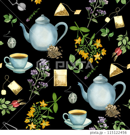 Watercolor pattern on a tea theme. A teapot, a cup of tea, tea leaves, meadow herbs, tea bags, a strainer for brewing. Everything is hand painted with watercolors. For printing on packages, design Watercolor pattern on a tea theme. A teapot, a cup of tea, tea leaves, meadow herbs, tea bags, a strainer for brewing. Everything is hand painted with watercolors. For printing on packages, design 115122456