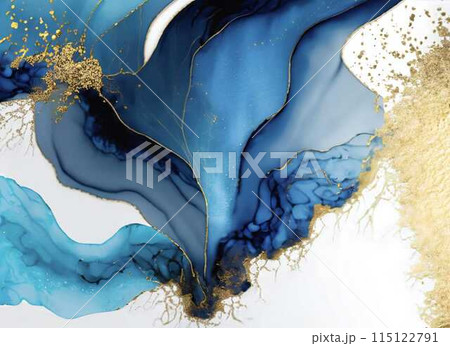 アルコールインクアート　テクスチャ　白背景 アブストラクト 抽象 青 金 ゴールド 金粉 115122791