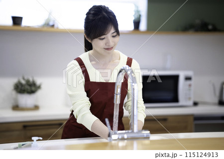 洗い物をするエプロンをした主婦 115124913