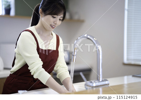 洗い物をするエプロンをした主婦 115124915
