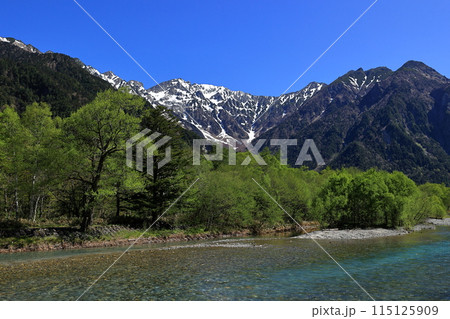 新緑の上高地　穂高連峰と梓川 115125909