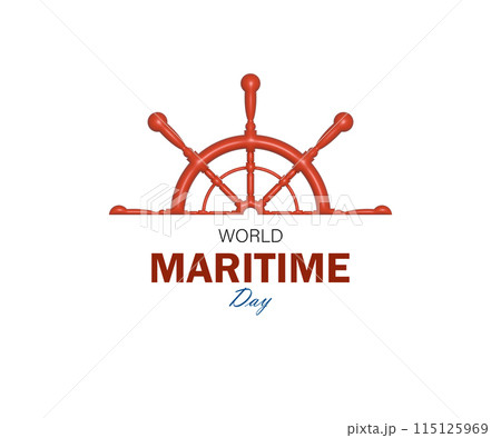 World Maritime Day with Wheel or Steering Symbol in sea line. 115125969